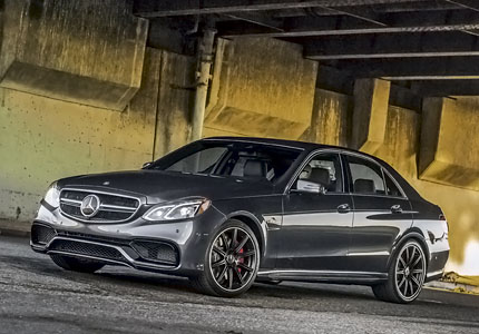 A three-quarter front view of the Mercedes-Benz E63 AMG